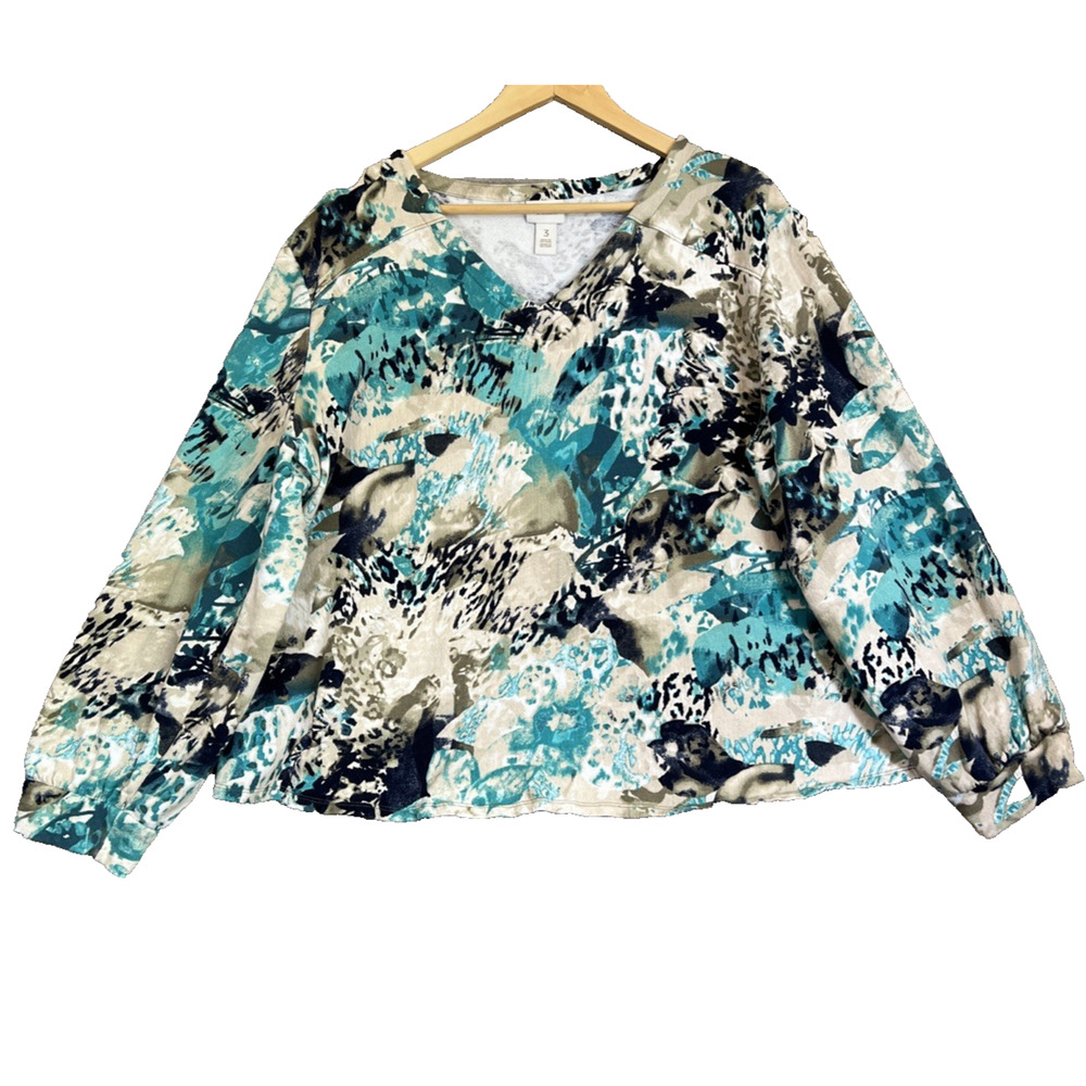 Weekends By Chico's Sweatshirt Womens XL Blue Watercolor Cotton Terry Boxy Boho